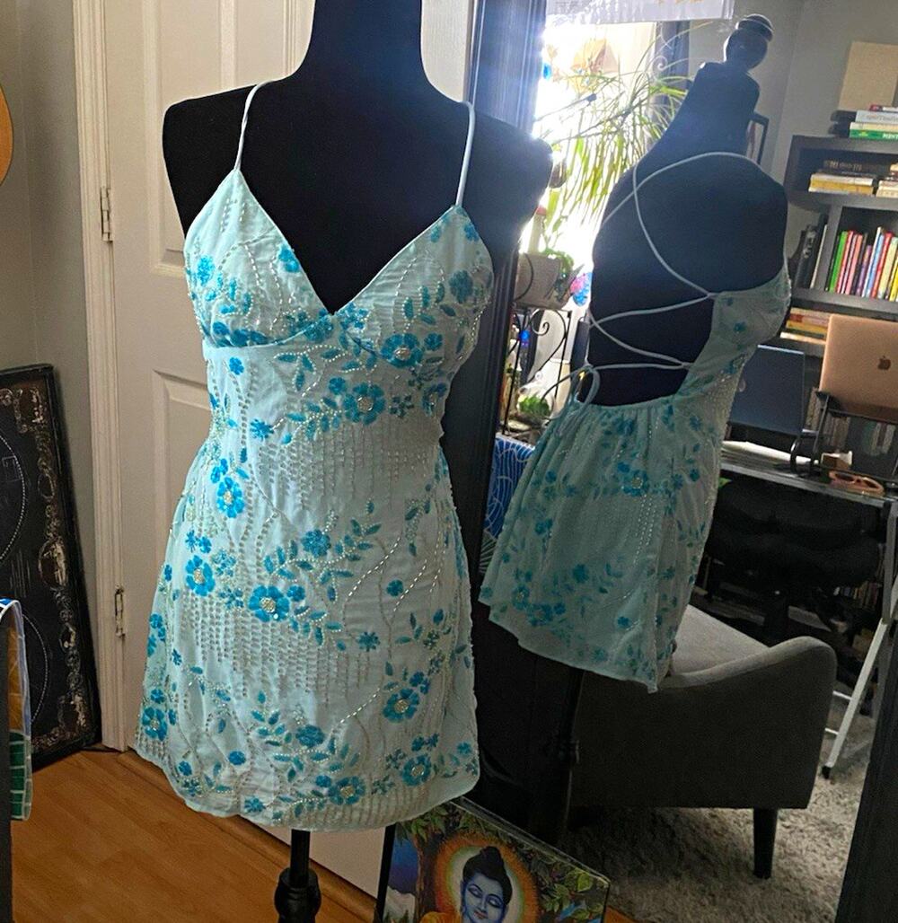 XS Light Blue Floral Beaded Sequin Chiffon Slip Mini V-Neck Backless Tie XS